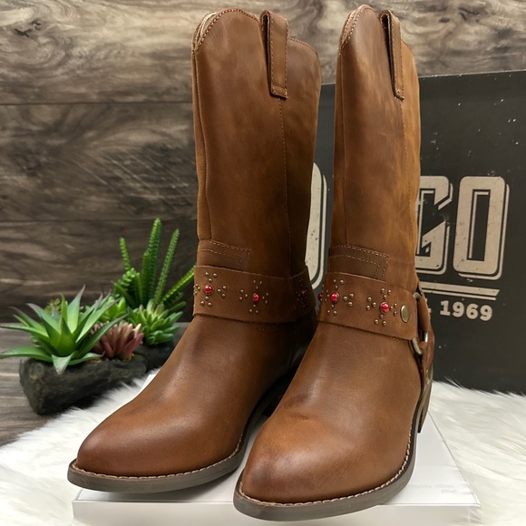 NIB Dingo Dan Post Madre Western Boots Harness Studs Cognac Leather - Picture 3 of 14